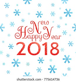 2018 Happy New Year background with blue symbolic snowflakes  and red greeting  inscription
