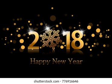 2018. Happy new year background with golden numbers, snowflake and bright spots.