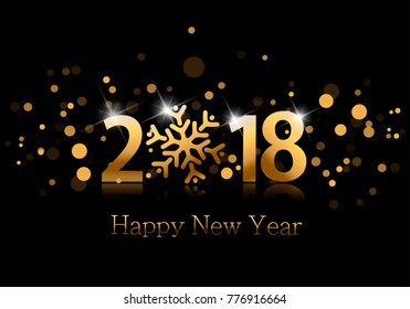 2018. Happy new year background with golden numbers, snowflake and bright spots.
