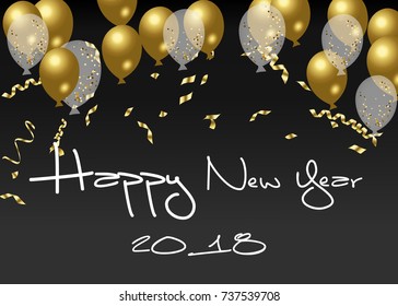 2018 Happy New Year ballon. black background, glitter frame, golden text