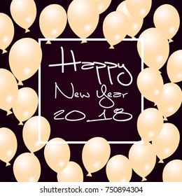 2018 Happy New Year ballon. black background, glitter frame, golden, text. Greeting card concept, vector illustration