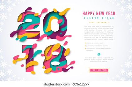 2018 Happy New Year banner template with abstract paper cut shapes. Vector illustration. Colorful 3D carving art for flyers, posters, brochure or voucher discount.