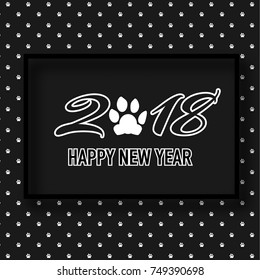 2018 Happy New Year banner with cute dog paw, pattern in black and white design. Flat cartoon invitation template for party, flyer, calendar, typography. Dog's Year by Chinese calendar.