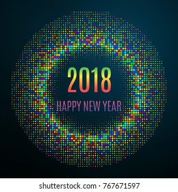 2018 Happy New Year banner or Greeting Card Template. Colorful Bright Halftone Effect Vector Circle Design Element. Rainbow Dots New Year Background.