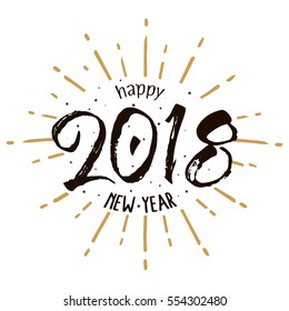 2018 Happy New Year. Beautiful greeting card calligraphy black text word gold fireworks. Hand drawn invitation T-shirt print design. Handwritten modern brush lettering white background isolated vector