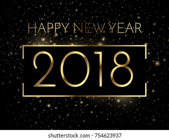 2018 happy new year a beautiful gold illustration on a black background with bokeh and ligthing flare effect and golden frame, vector vip invitation, eps10