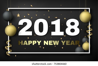 2018 happy new year black banner with white frame, black and gold christmas balls and confetti. Vector illustration, eps10