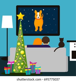 2018 Happy New Year Card. Couple And Cat Watching Tv. Illustration For New Year Card, Invitation, T Shirt, Party Flyer, Calendar Etc. Dog, Symbol Of The New Year On The Chinese Calendar.