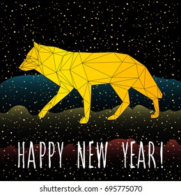 2018 happy new year card. Polygonal dog and hand drawn text for design new year card, invitation, t shirt, party flyer, calendar etc. Dog, symbol of the new year on the Chinese calendar.