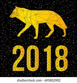 2018 happy new year card. Polygonal dog and hand made low poly 2018 for design new year card, invitation, t shirt, party flyer, calendar etc. Dog, symbol of the new year on the Chinese calendar.