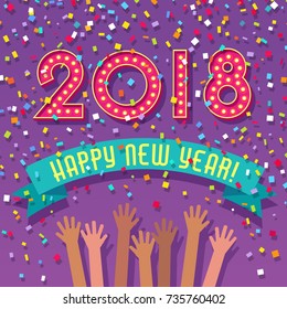 2018 Happy New Year card with marquee numbers, confetti and people celebrating.