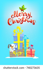 2018 happy new year card. New year gifts, plush doggy. Merry Christmas text. Holiday greeting. Vector, illustration, flat