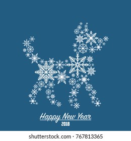 2018 Happy New Year card with dog made from snowflakes. Vector illustration.