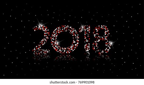 2018. Happy new year card with red dots number and white snowflakes. 