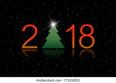 2018. Happy New Year card with red  stylish numbers and green tree on black background
