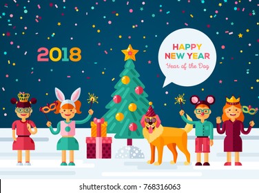 2018 Happy New year carnival night. Vector illustration. Cheerful children and dog celebrate in costumes and masks. Christmas tree, confetti