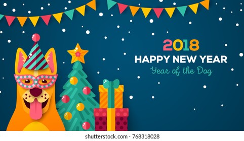 2018 Happy New year carnival night. Vector illustration. Cheerful dog in mask and cap. Christmas tree, snow