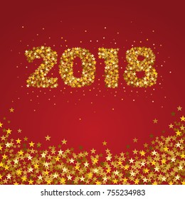 2018 Happy New Year celebrate card with holiday greetings and golden stars