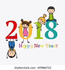 2018. Happy New Year. Children playing with numbers