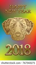 2018 Happy New Year of Chinese horoscope greeting card with patterned dog head on colorful blended background.