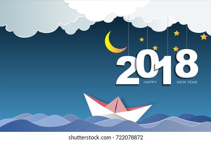 2018 happy new year concept, Symbols of beginning and celebration, Trendy template inspiration for your design, Easy to use by print special offer or add your own logo, images, text (Paper art style)