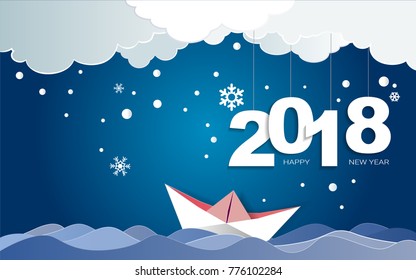 2018 happy new year concept, Symbols of beginning and celebration, Trendy template inspiration for your design, Easy to use by print special offer or add your own logo, images, text (Paper art style)