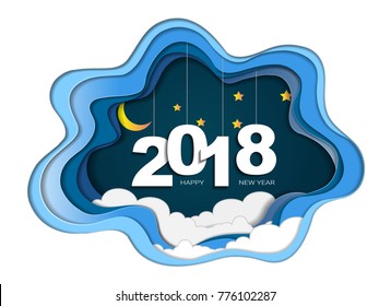 2018 Happy New Year Concept, Symbols Of Beginning And Celebration, Trendy Template Inspiration For Your Design, Easy To Use By Print Special Offer Or Add Your Own Logo, Images, Text (Paper Art Style)