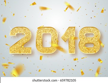 2018 Happy new year confetti falls. Gold Numbers Design of greeting card. Gold Shining Pattern. 