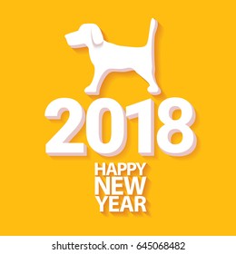 2018 Happy new year creative design orange greeting card or banner with numbers and dog silhouette. vector 2018 annual report cover on orange background