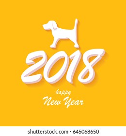 2018 Happy new year creative design orange greeting card or banner with numbers and dog silhouette. vector 2018 annual report cover on orange background