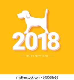 2018 Happy new year creative design orange greeting card or banner with numbers and dog silhouette. vector 2018 annual report cover on orange background