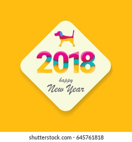 2018 Happy new year creative design orange greeting card or banner with numbers and dog silhouette. vector 2018 annual report cover on orange background