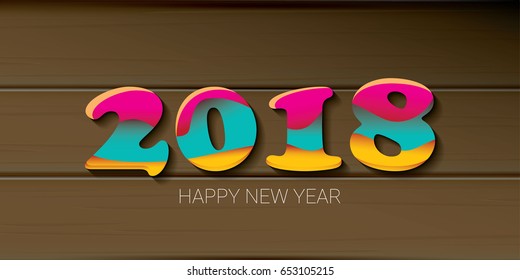 2018 Happy new year creative design horizontal vector banner with colorful numbers 2018 and greeting text on wooden background. vector 2018 annual report cover presentation
