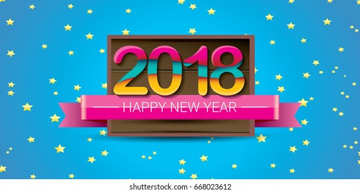 2018 Happy new year creative design horizontal vector banner with colorful numbers 2018 and greeting text on wooden plate. vector 2018 design template background