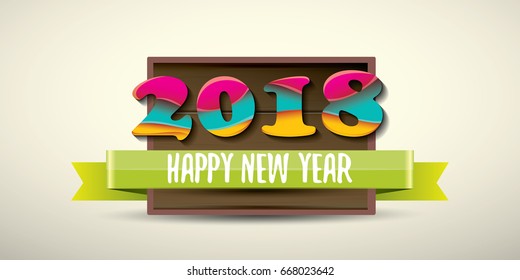 2018 Happy new year creative design horizontal vector banner with colorful numbers 2018 and greeting text on wooden background. vector 2018 annual report cover presentation