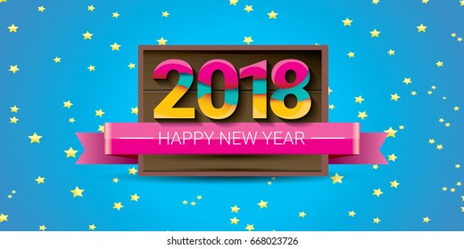 2018 Happy new year creative design horizontal vector banner with colorful numbers 2018 and greeting text on wooden plate. vector 2018 design template background