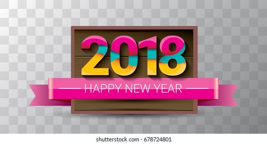 2018 Happy new year creative design horizontal vector banner with colorful numbers 2018 and greeting text on wooden plate. vector 2018 design template background