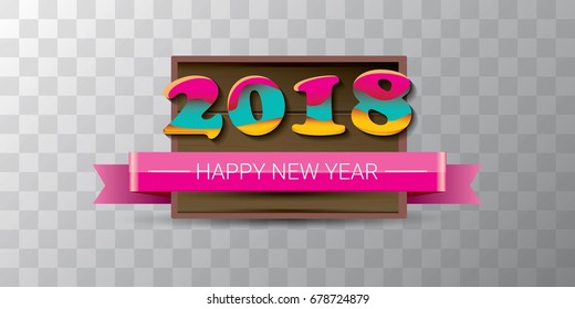 2018 Happy new year creative design horizontal vector banner with colorful numbers 2018 and greeting text on wooden plate. vector 2018 design template background