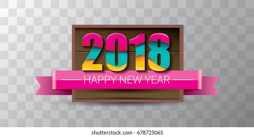 2018 Happy new year creative design horizontal vector banner with colorful numbers 2018 and greeting text on wooden plate. vector 2018 design template background
