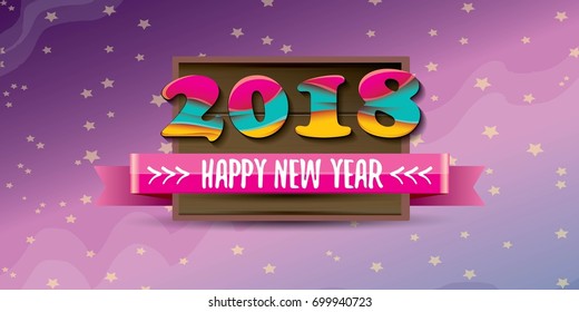 2018 Happy new year creative design horizontal vector banner with colorful numbers 2018 and greeting text on wooden plate. vector 2018 design template background