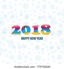 2018 Happy new year creative design numbers and greeting text on white background with snowflakes. vector 2018 annual report cover with colorful numbers