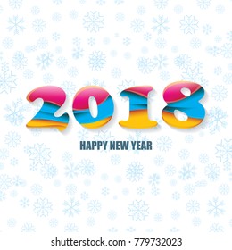 2018 Happy new year creative design numbers and greeting text on white background with snowflakes. vector 2018 annual report cover with colorful numbers