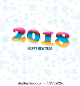 2018 Happy new year creative design numbers and greeting text on white background with snowflakes. vector 2018 annual report cover with colorful numbers