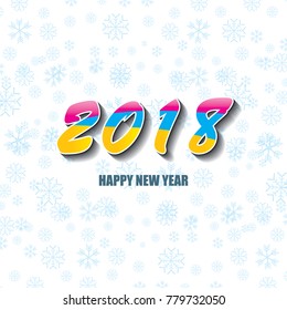 2018 Happy new year creative design numbers and greeting text on white background with snowflakes. vector 2018 annual report cover with colorful numbers