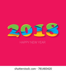 2018 Happy new year creative design numbers and greeting text isolated on pink background. vector 2018 annual report cover with colorful numbers