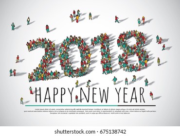 2018 happy new year crowd big group people. Color vector illustration. EPS10