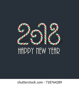 2018 Happy New Year design. 2018 candy sign with Happy New Year text on dark green background.