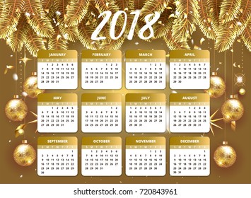 2018 Happy new year design wallpaper with calendar planner. Gold and pink color with Christmas tree celebrate background with golden balls, confetti and stars. Vector stock illustration for January 