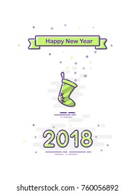 2018 Happy New Year design in mbe style. Vector flat Christmas sock and ribbon with Happy New Year text.