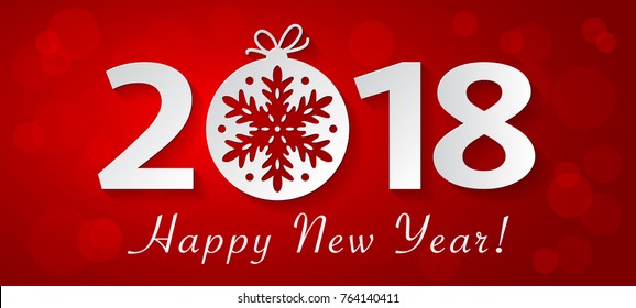 2018 Happy New Year design with white christmas ball with snowflake. Vector red greeting illustration